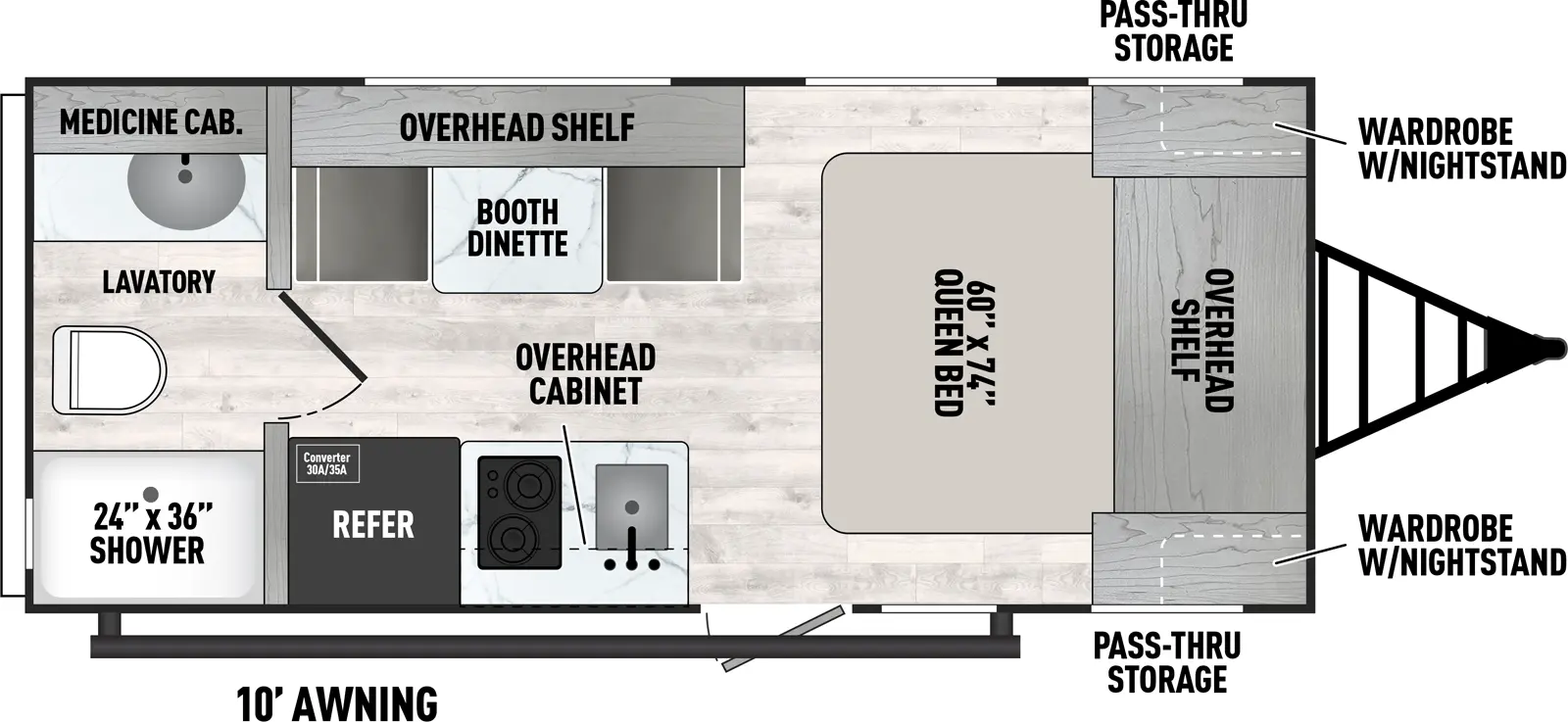 The Clipper Travel Trailers 17FQ floorplan has one entry and zero slide outs. Exterior features include: metal exterior and 10' awning. Interiors features include: front bedroom and rear bathroom.